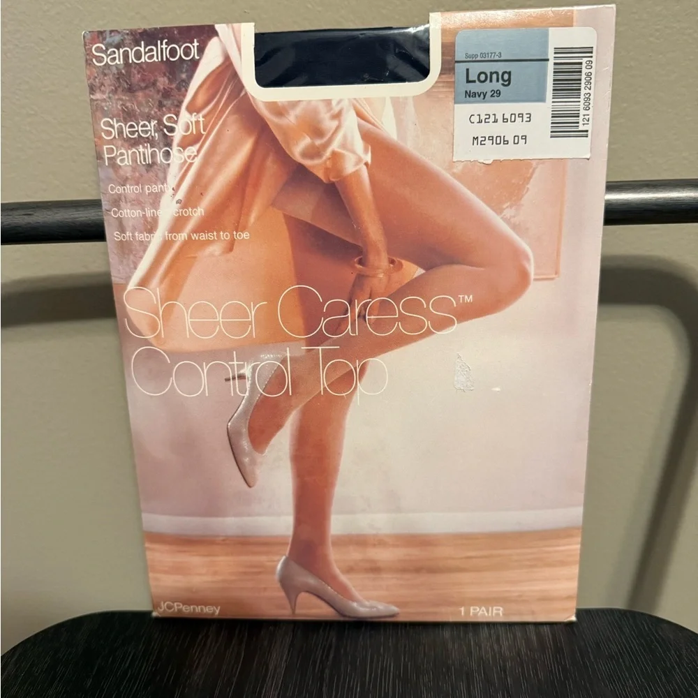 Vintage JCPenney Sheer Caress Control Top Sandalfoot Pantyhose Navy 29 Sz Long